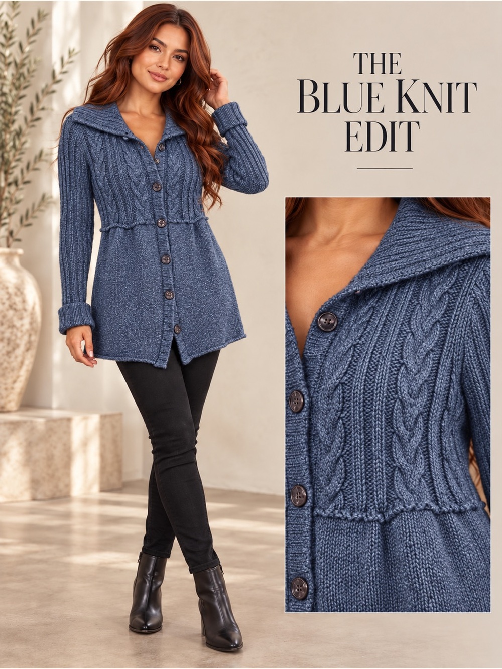 if it were me Denim-Blue Cable Knit Button Cardigan
